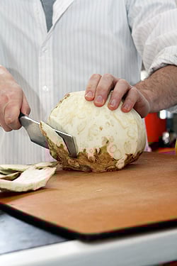 slicing celery root 