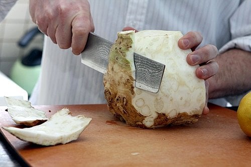 slicing celery root