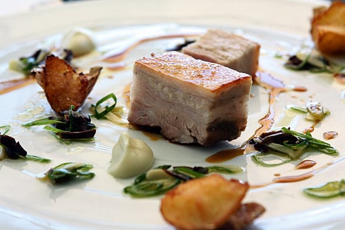 pork, olives, green onion, garlic cream, potatoes,