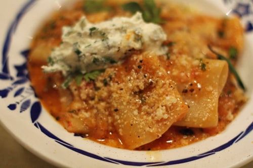pasta with eggplant, tomatoes, ricotta