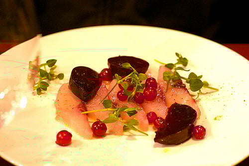 mulet, red currants, beets