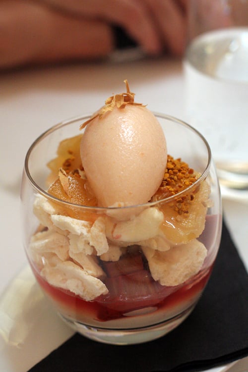 rhubarb mess, candied ginger, pears