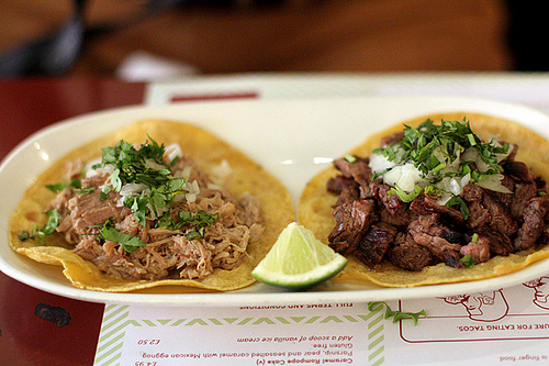 carnitas and beef tacos